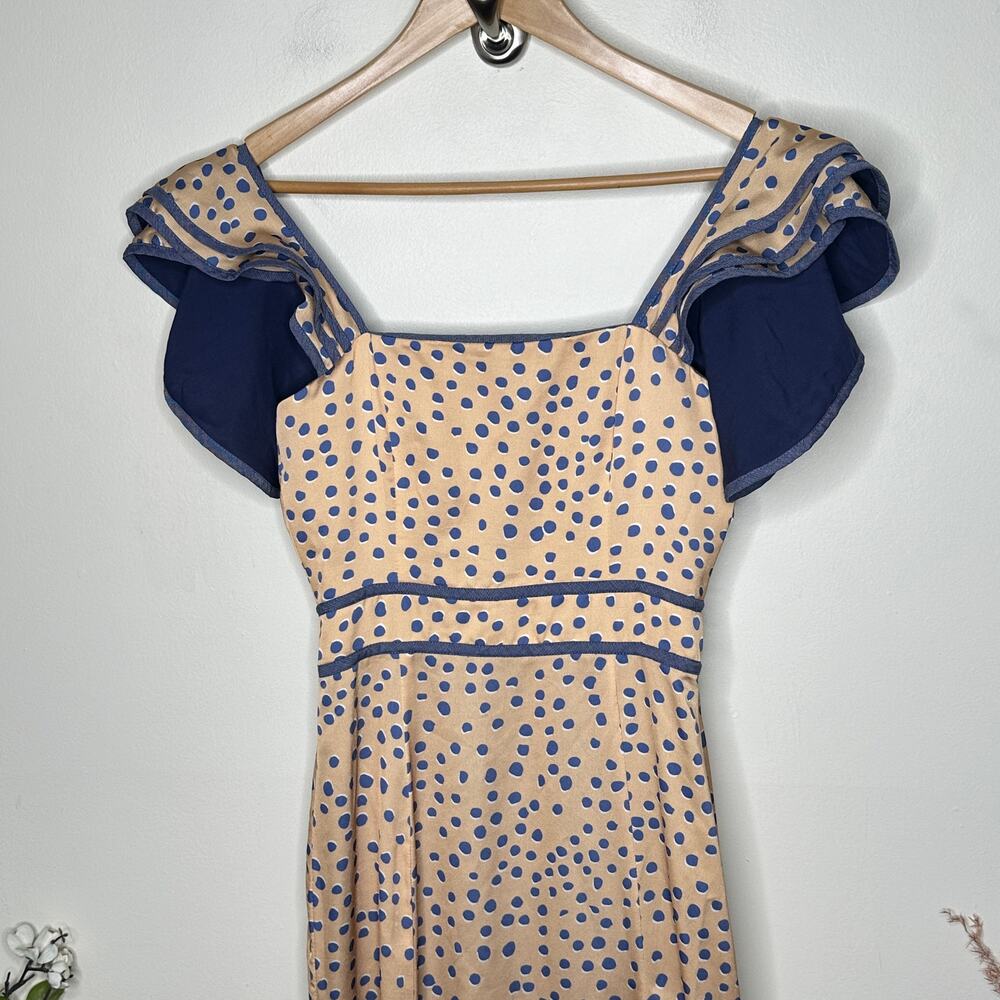 AZULU x BHLDN Kano Flutter Sleeve Maxi Dress Blue Dots Tan Sz 0 $440 {II4} - Picture 2 of 7